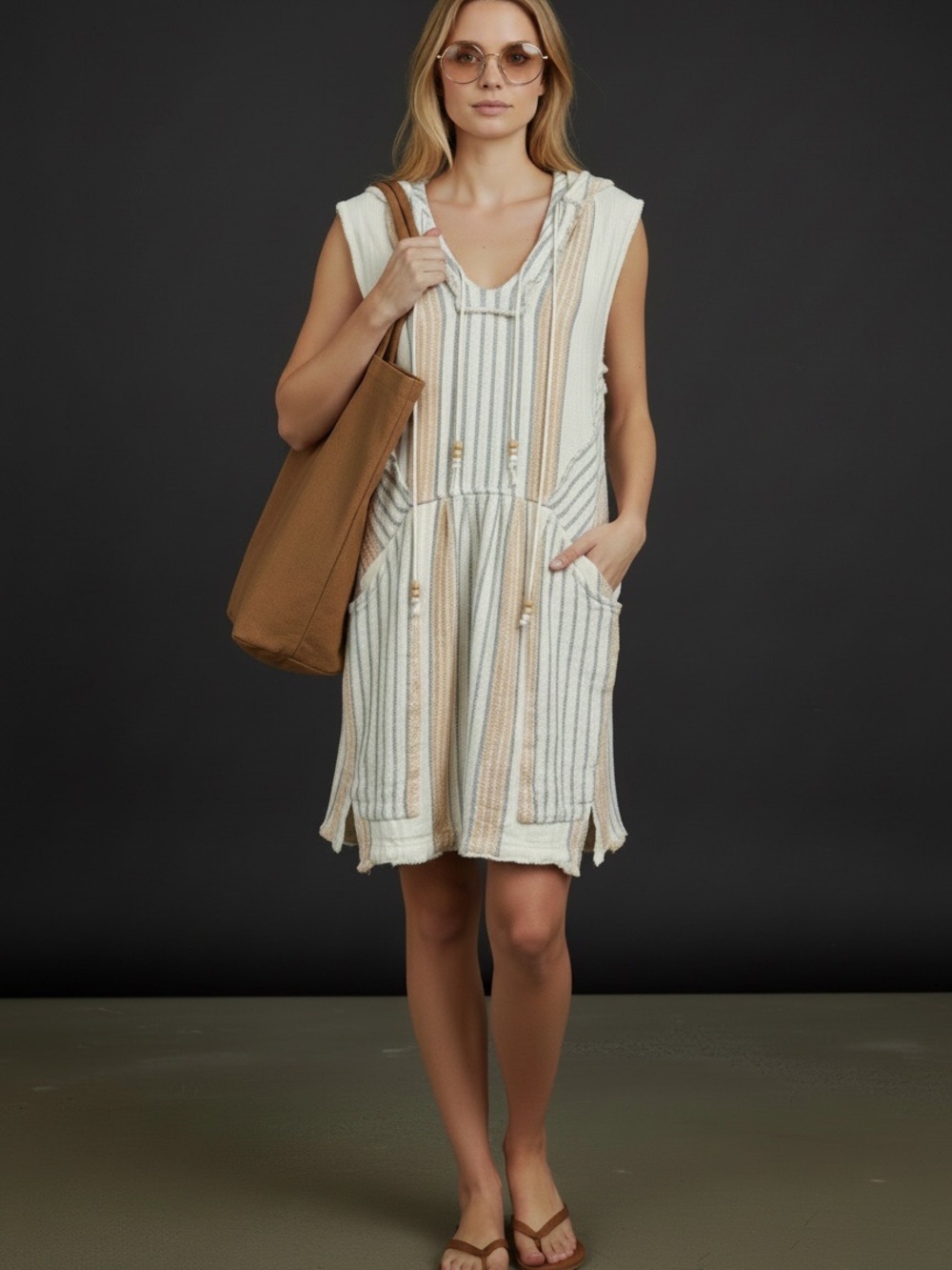 Free People All Right Now Hooded Sleeveless Striped Mini Dress Size L